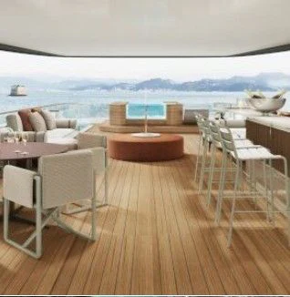 a deck with a view of the ocean and mountains aboard ASANTE Yacht for Sale