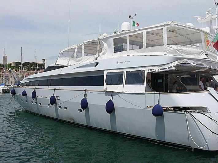 a white boat with blue and red flags aboard A6M ZERO Yacht for Sale