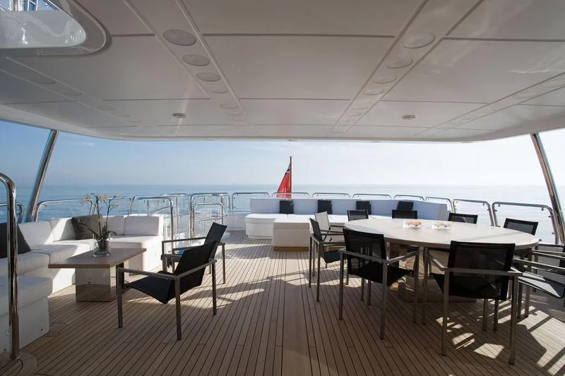 a room with tables and chairs aboard FRISH Yacht for Sale