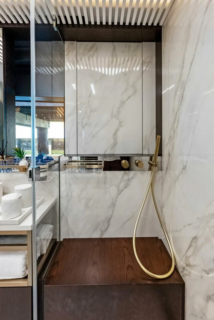 a shower with a curtain aboard INEA Yacht for Sale