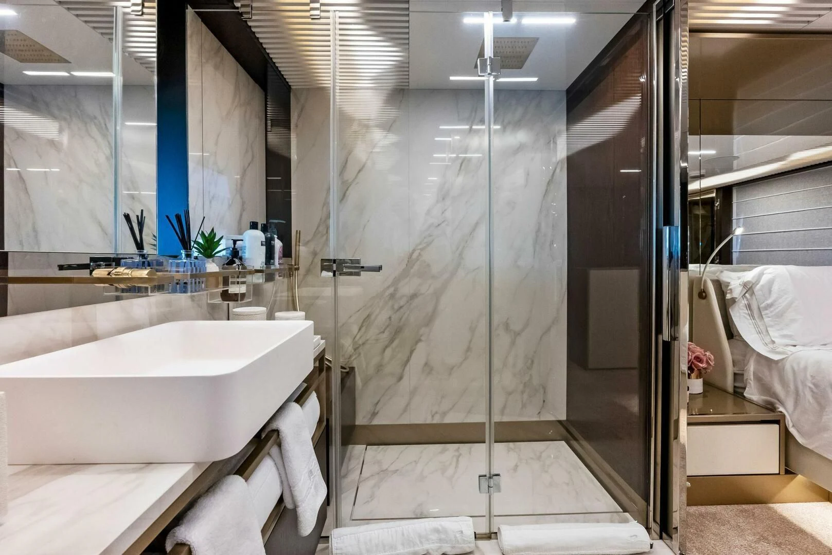 a bathroom with a glass shower aboard INEA Yacht for Sale