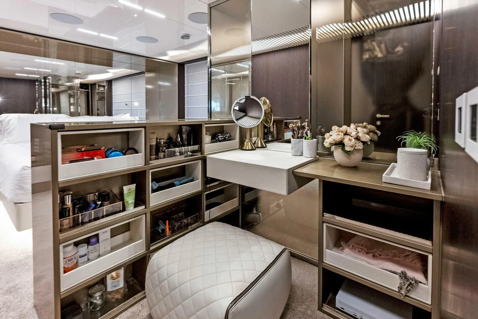 a room with shelves and a mirror aboard INEA Yacht for Sale