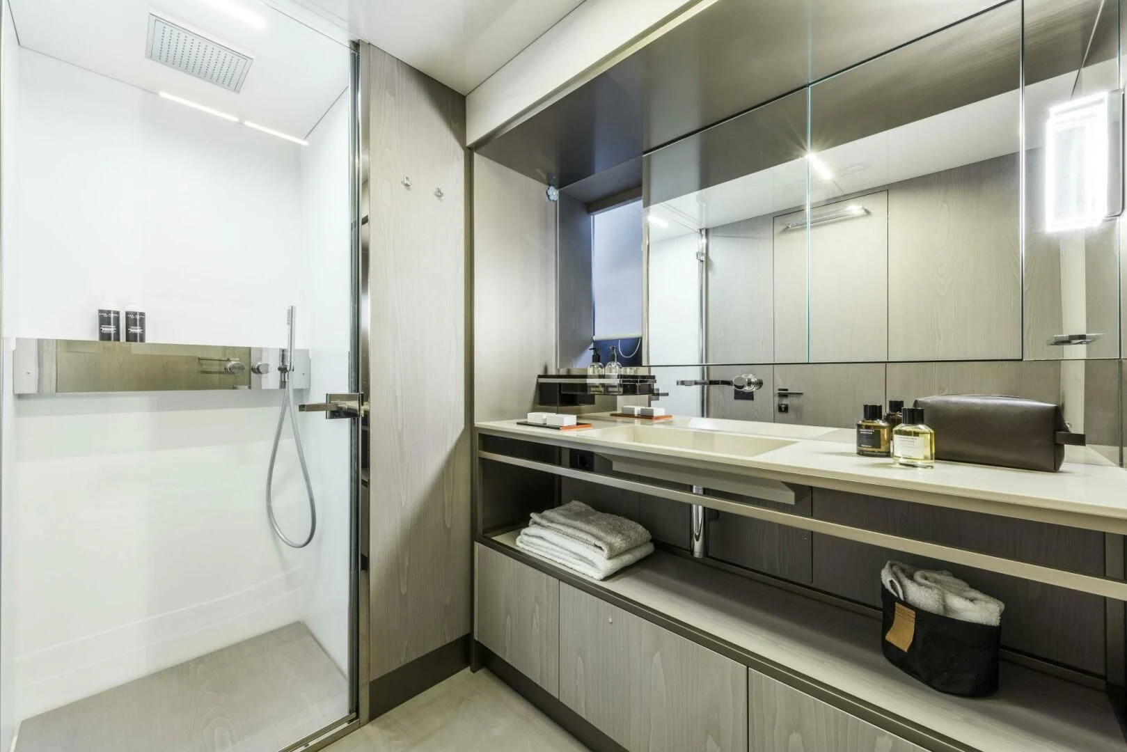 a bathroom with a large countertop aboard INEA Yacht for Sale