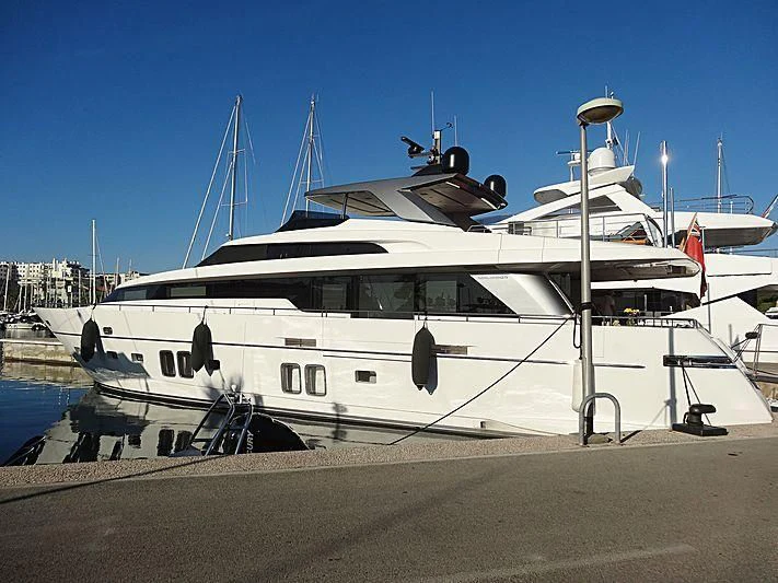 a white yacht docked aboard COBANA Yacht for Sale