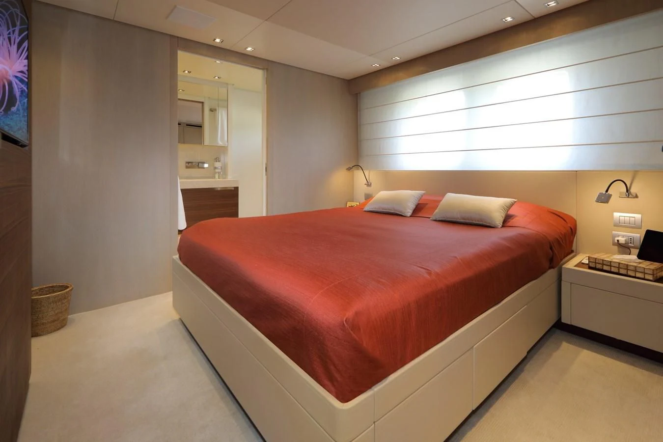 a bedroom with a bed aboard COBANA Yacht for Sale