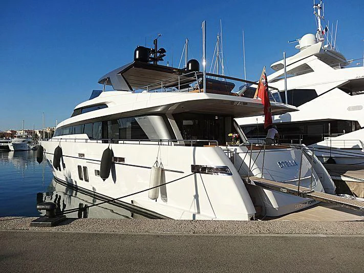 a boat docked at a pier aboard COBANA Yacht for Sale