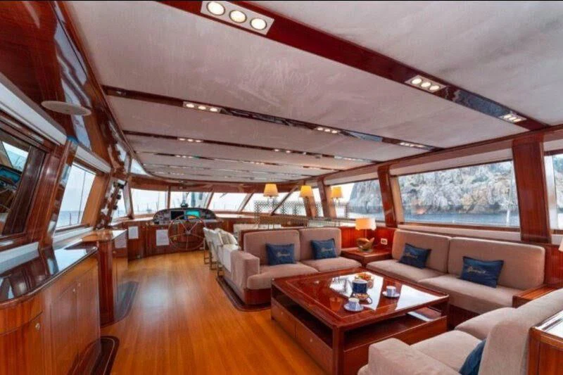 a living room with a large ceiling aboard G GIRL Yacht for Sale
