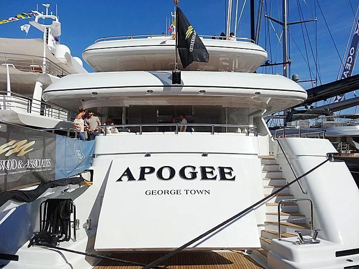 a boat docked at a pier aboard APOGEE Yacht for Sale