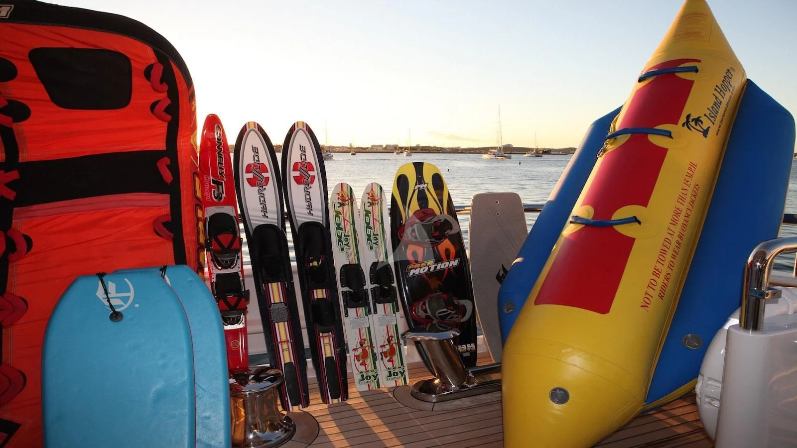 a snowboard and snowboard on a boat aboard APOGEE Yacht for Sale
