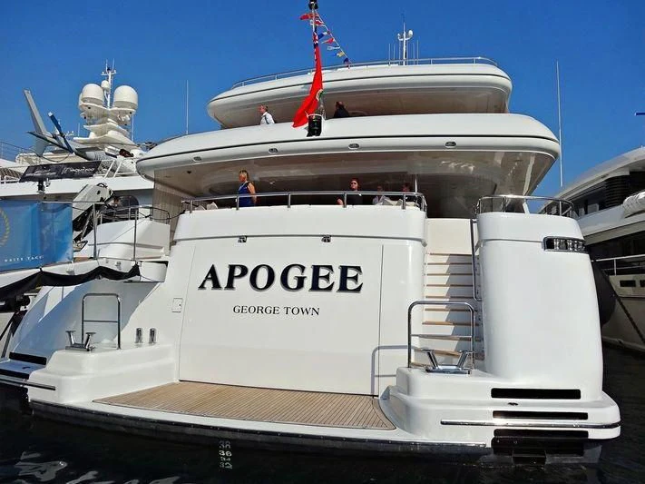 a large white boat with a red crane on the deck aboard APOGEE Yacht for Sale