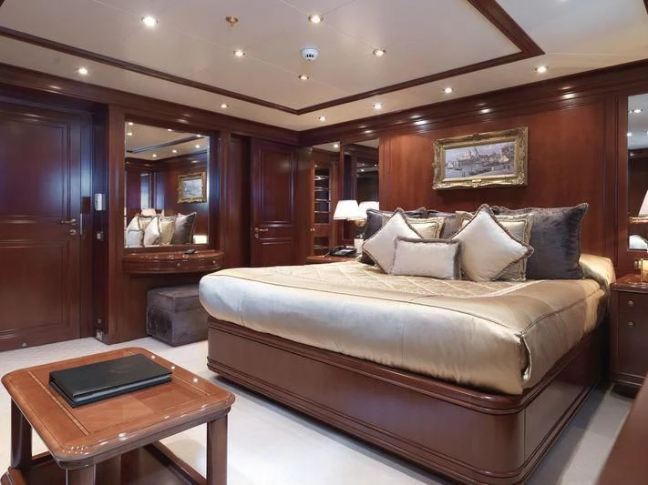 a large bed in a hotel room aboard APOGEE Yacht for Sale