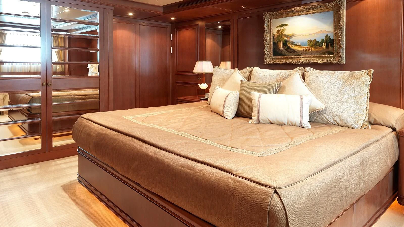 a bed in a room aboard APOGEE Yacht for Sale