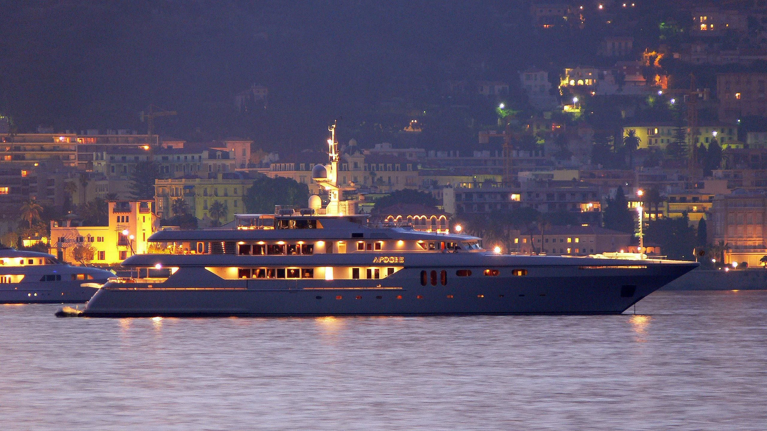 a large ship in the water aboard APOGEE Yacht for Sale