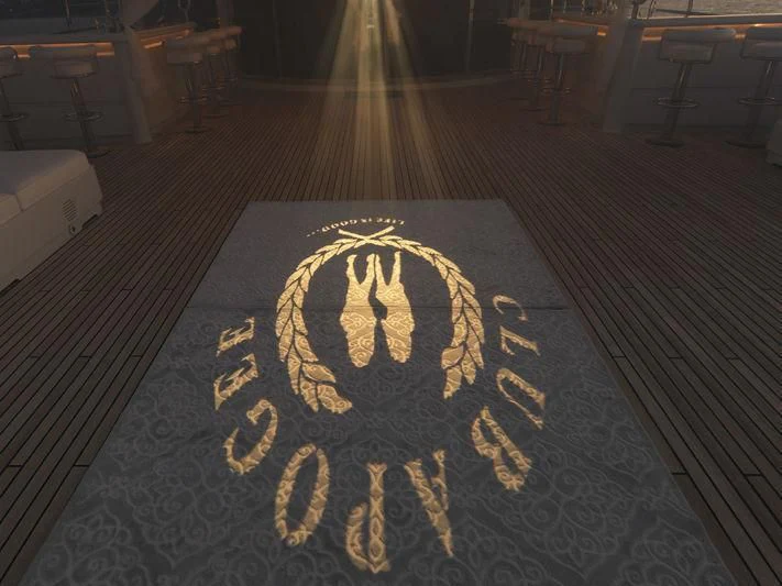 a sign on a table aboard APOGEE Yacht for Sale