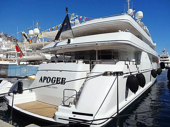 a boat docked in the water aboard APOGEE Yacht for Sale