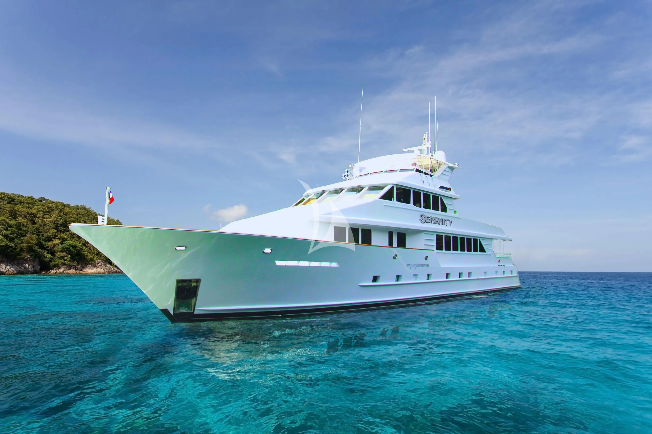 a white boat in the water aboard SERENITY Yacht for Charter