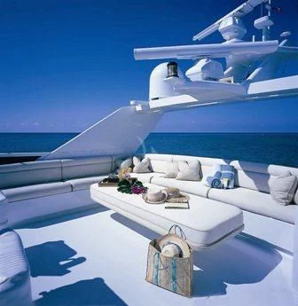 a white boat with a green plant on it aboard SERENITY Yacht for Charter