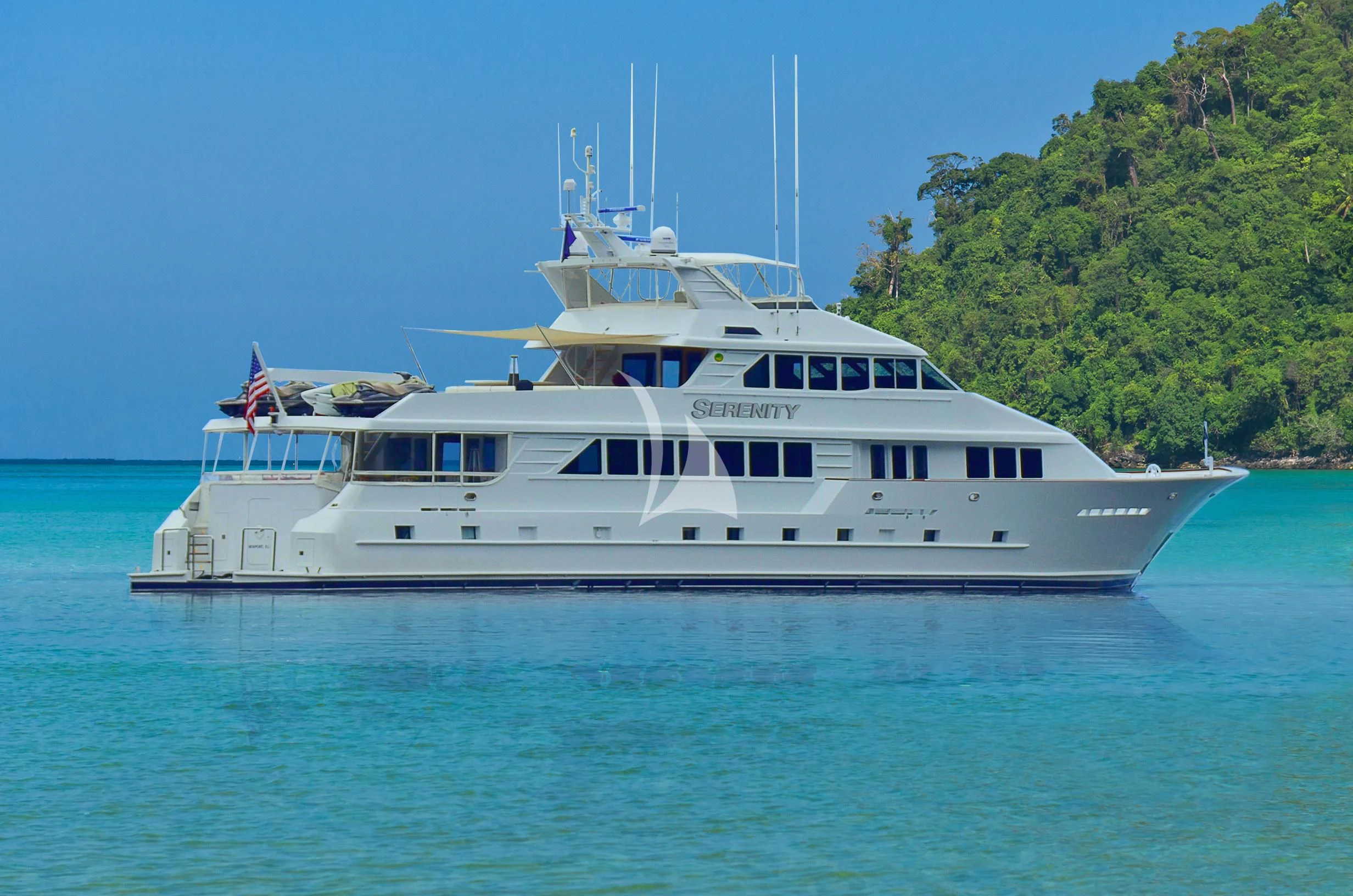 a large white boat on the water aboard SERENITY Yacht for Charter