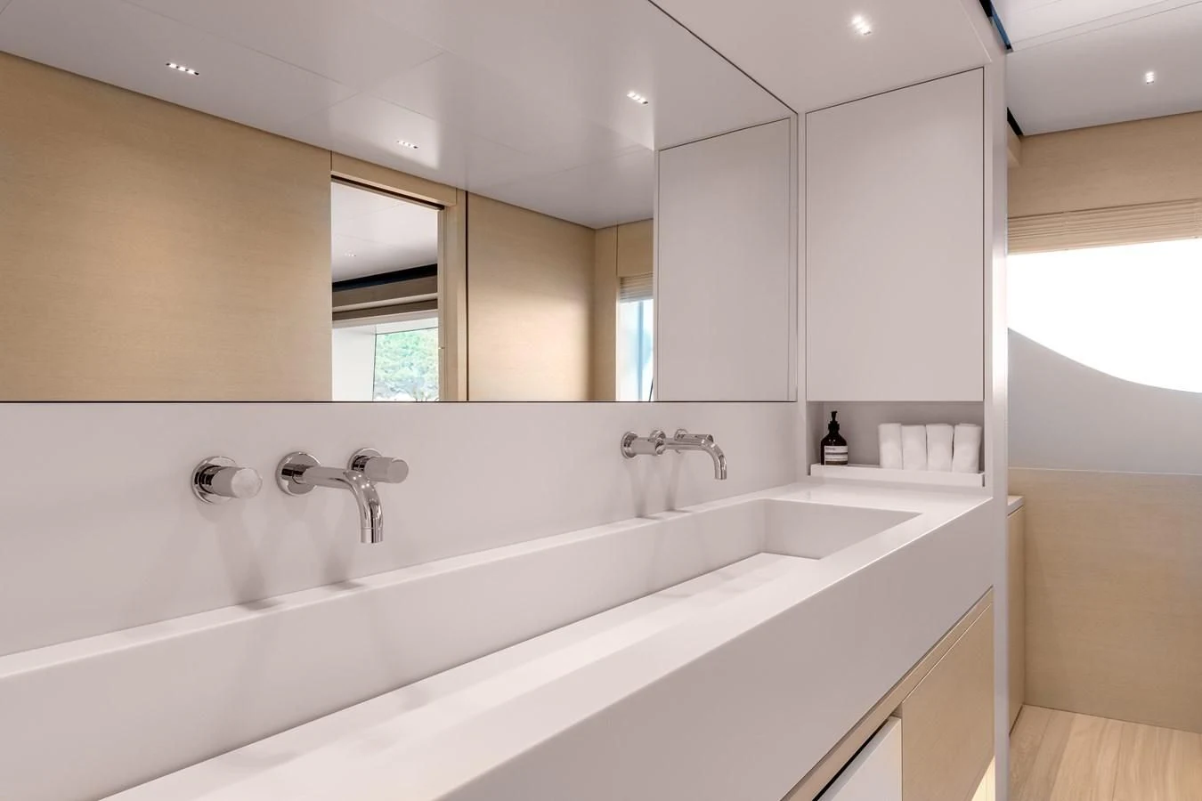 a bathroom with a large mirror aboard PALOMA Yacht for Sale