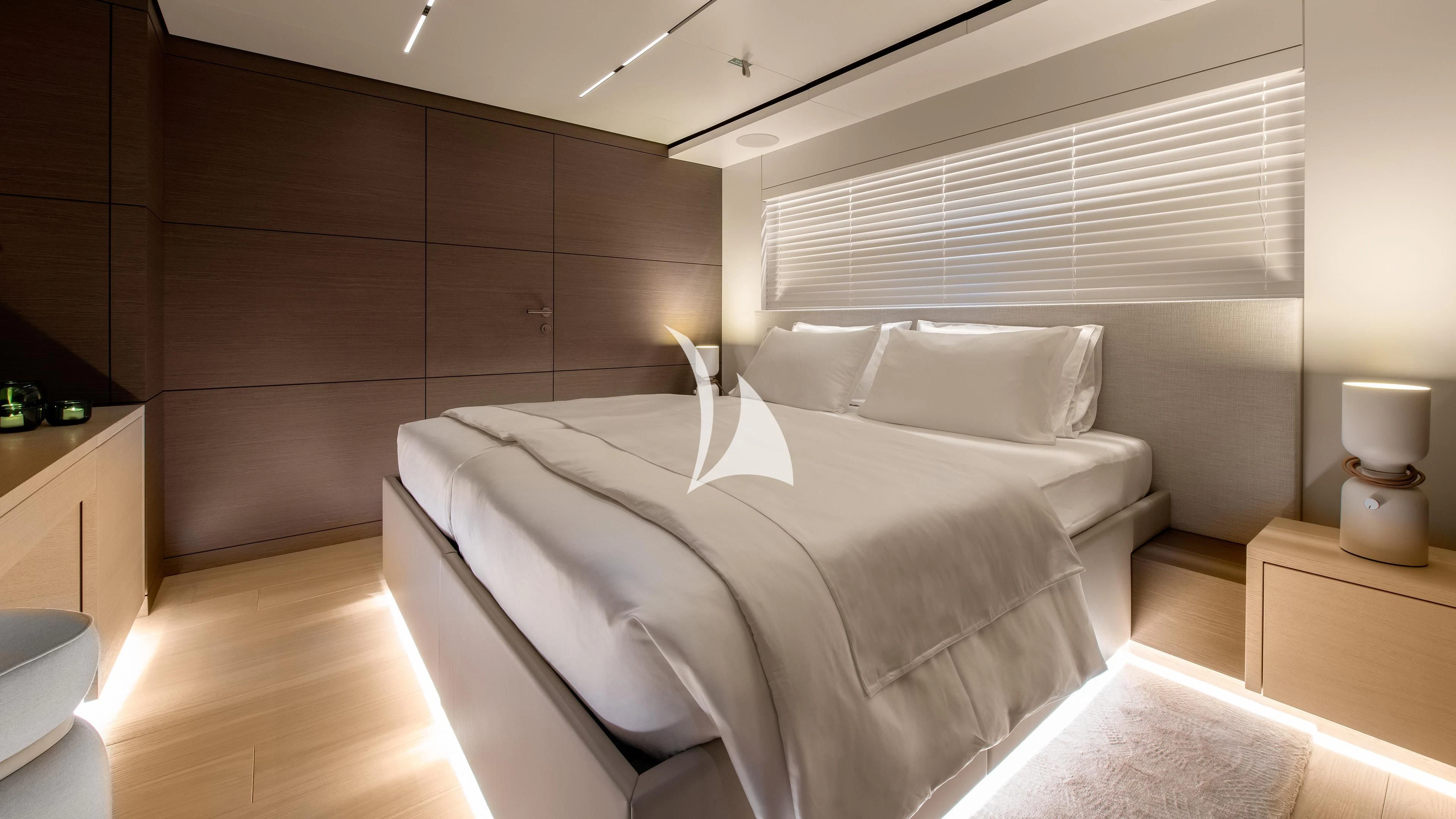 a bed in a room aboard PALOMA Yacht for Sale