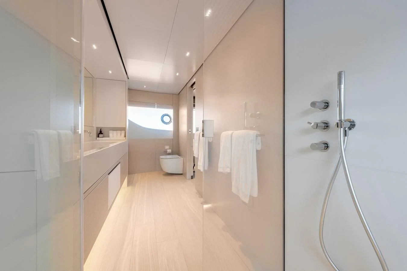 a bathroom with a shower and toilet aboard PALOMA Yacht for Sale