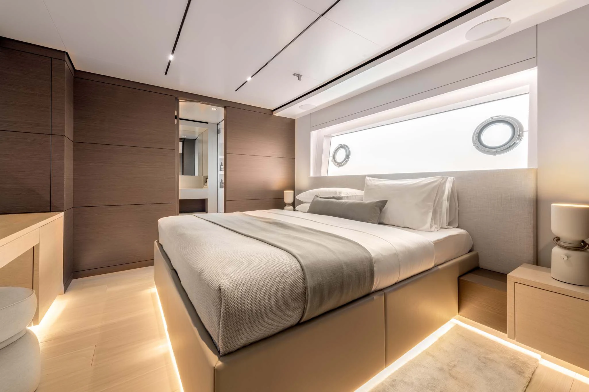 a bed in a room aboard PALOMA Yacht for Sale