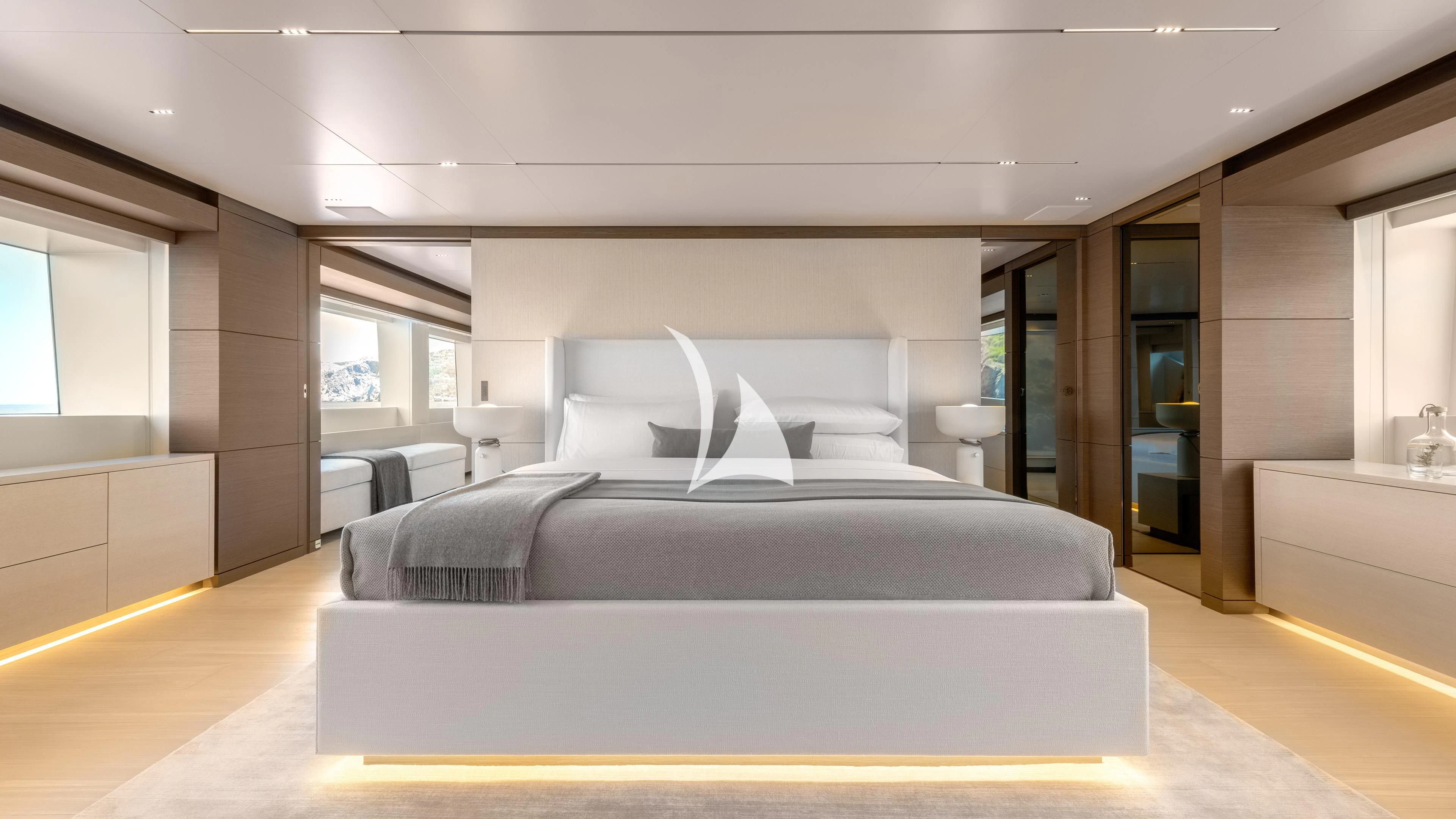 a large bed in a room aboard PALOMA Yacht for Sale