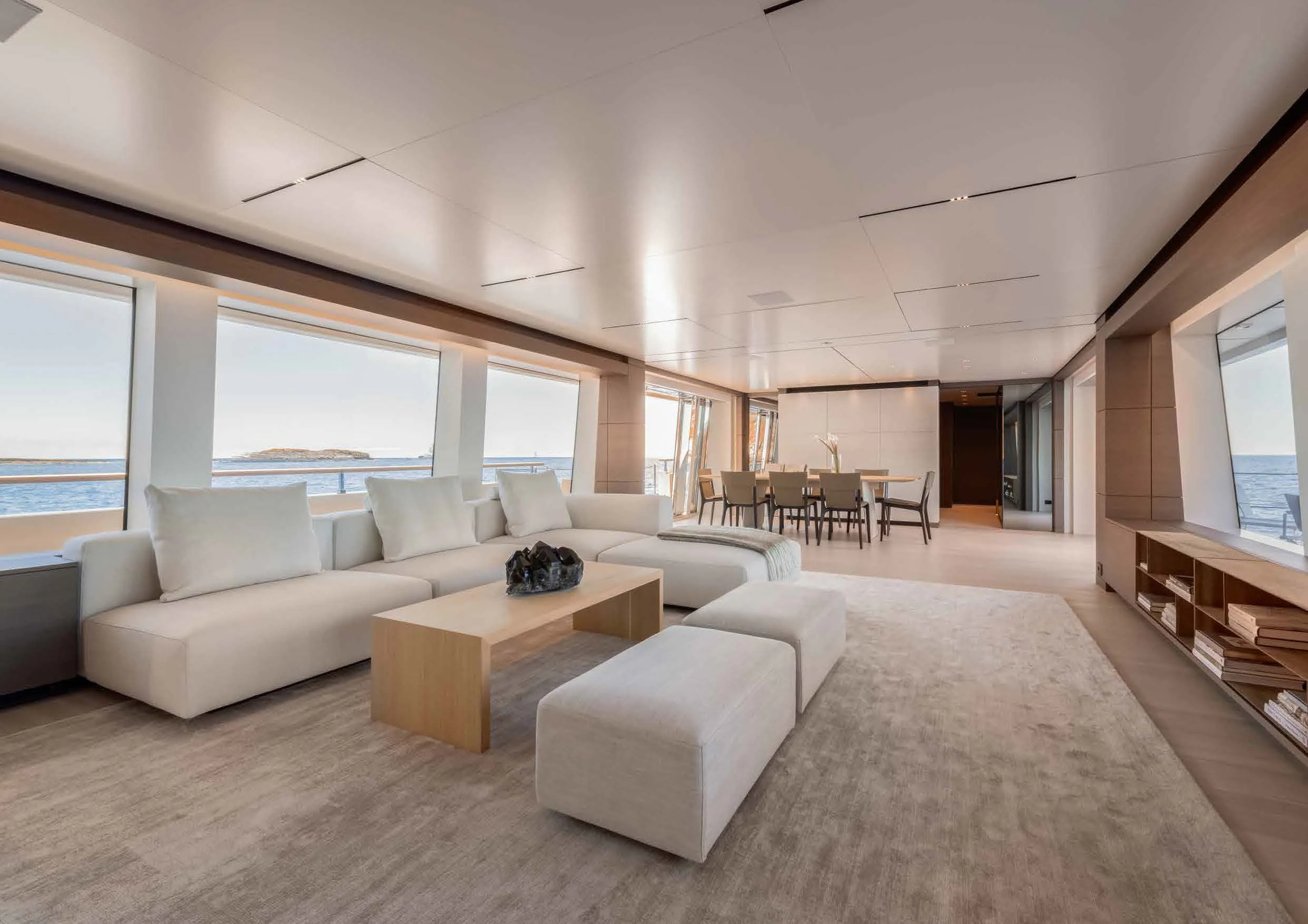 a living room with a large window aboard PALOMA Yacht for Sale