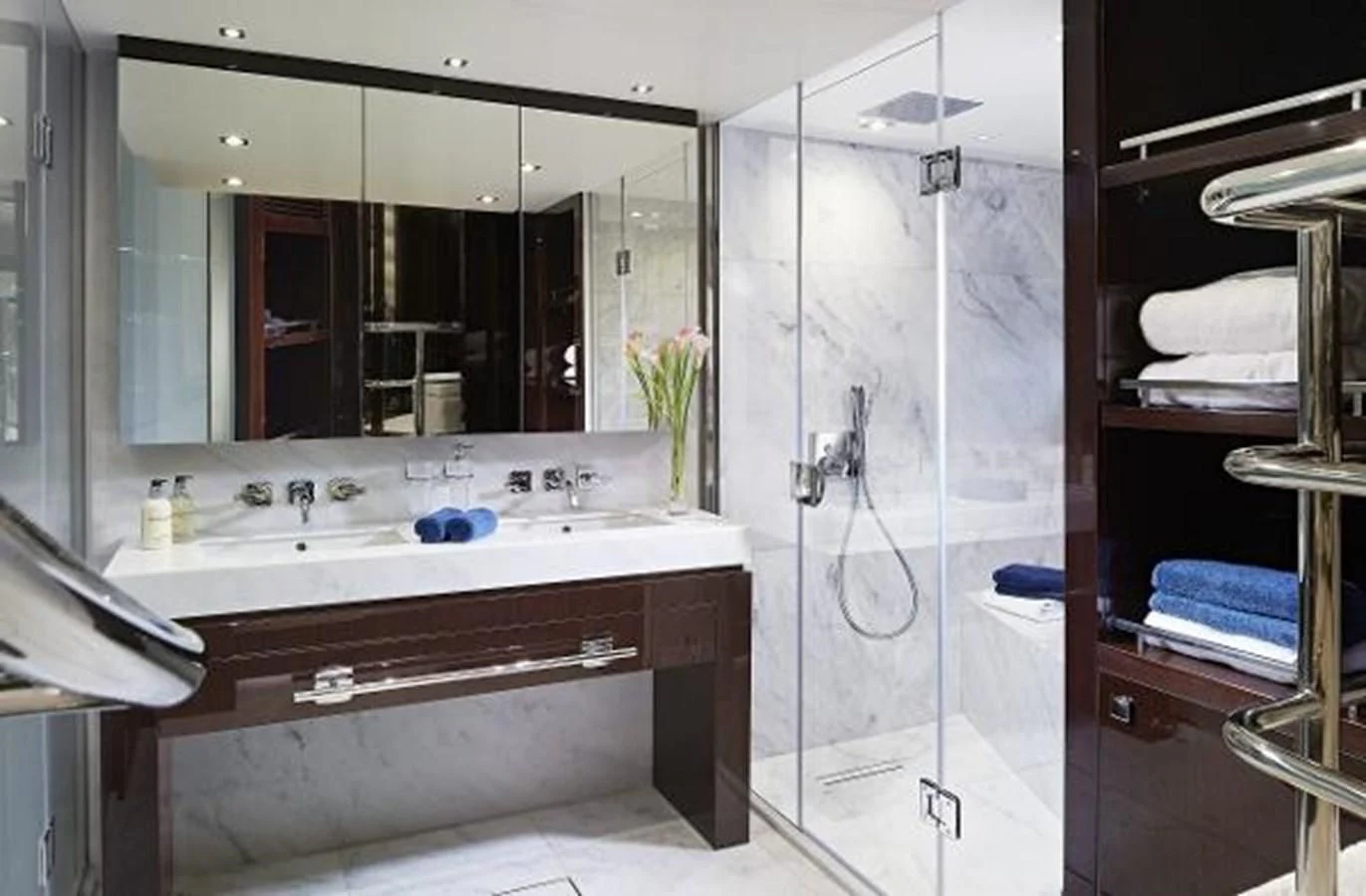 a bathroom with a large mirror aboard 95 YACHT Yacht for Sale