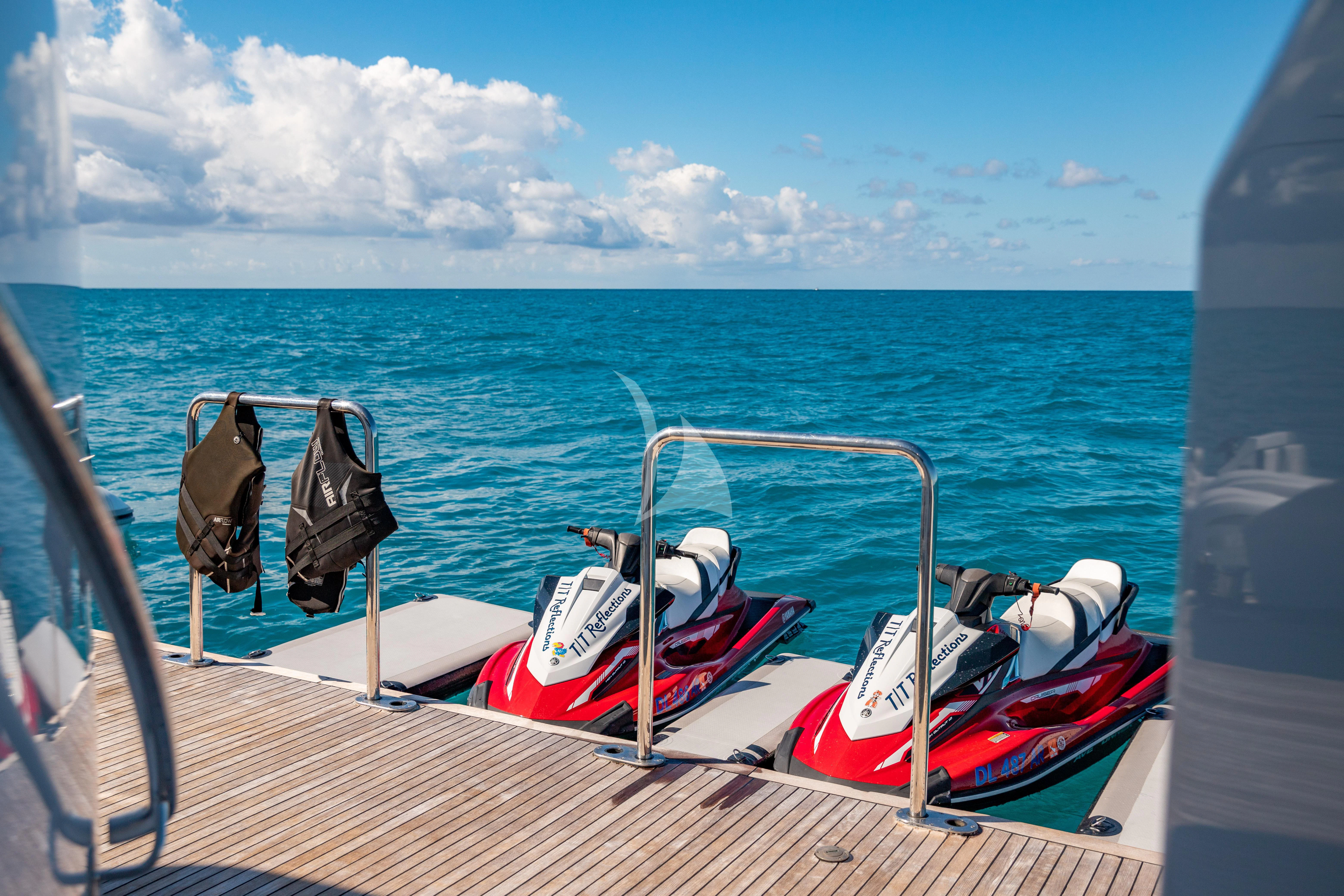 a boat with several pairs of skis on it aboard SEAQUEST Yacht for Sale