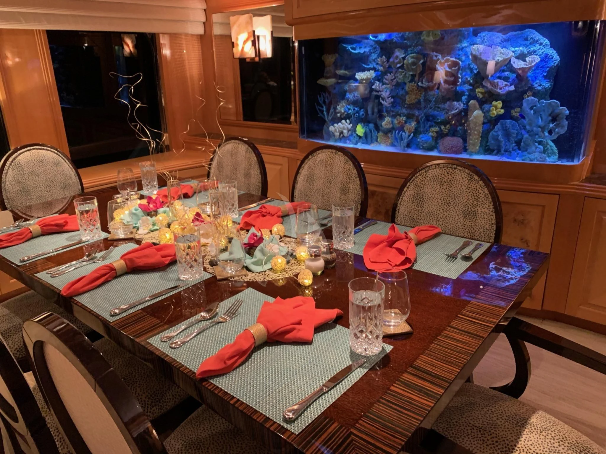 a table with a cloth and a cloth on it aboard SEAQUEST Yacht for Sale