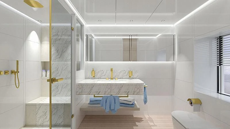 a bathroom with a large shower unit aboard KIMOJO Yacht for Sale