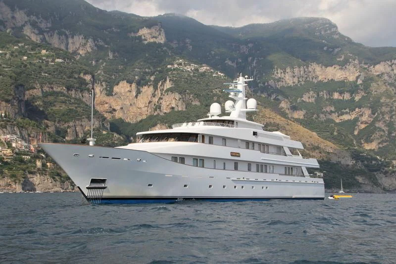 a large white yacht in the water aboard KWIKUMAT Yacht for Sale