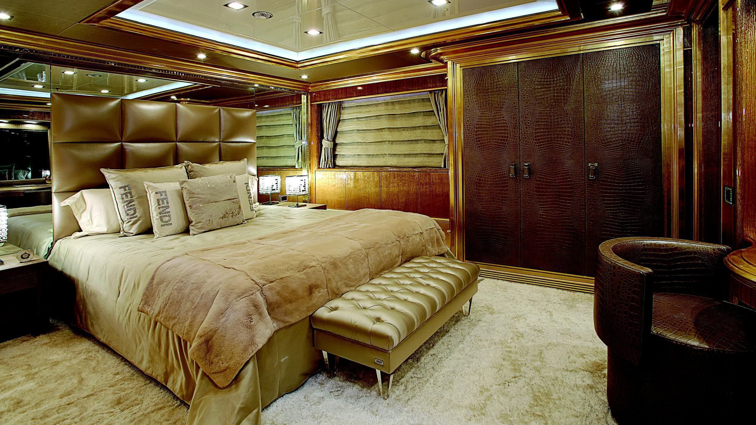 a bed in a room aboard MONARCH Yacht for Sale
