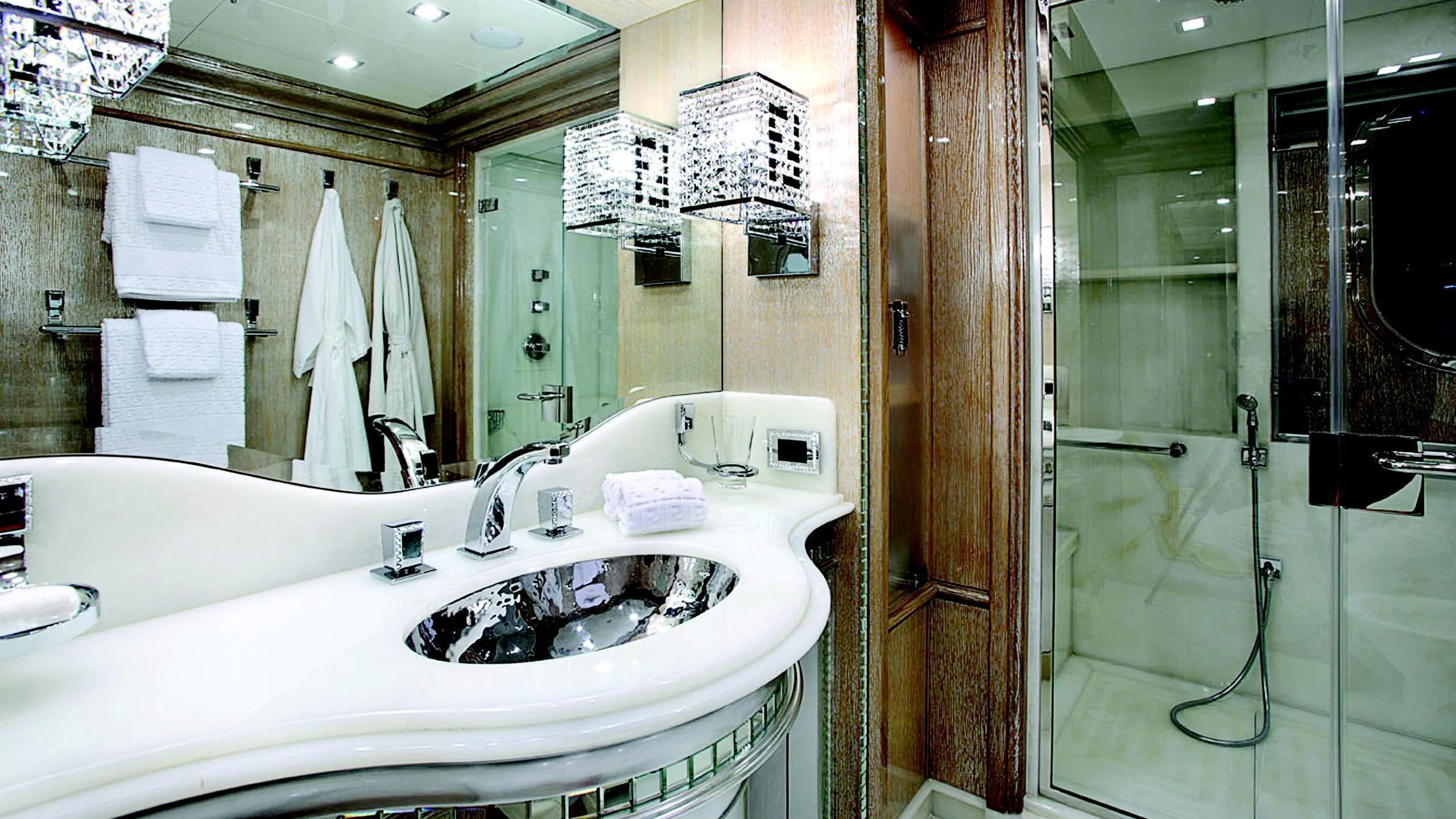 a bathroom with a large mirror aboard MONARCH Yacht for Sale
