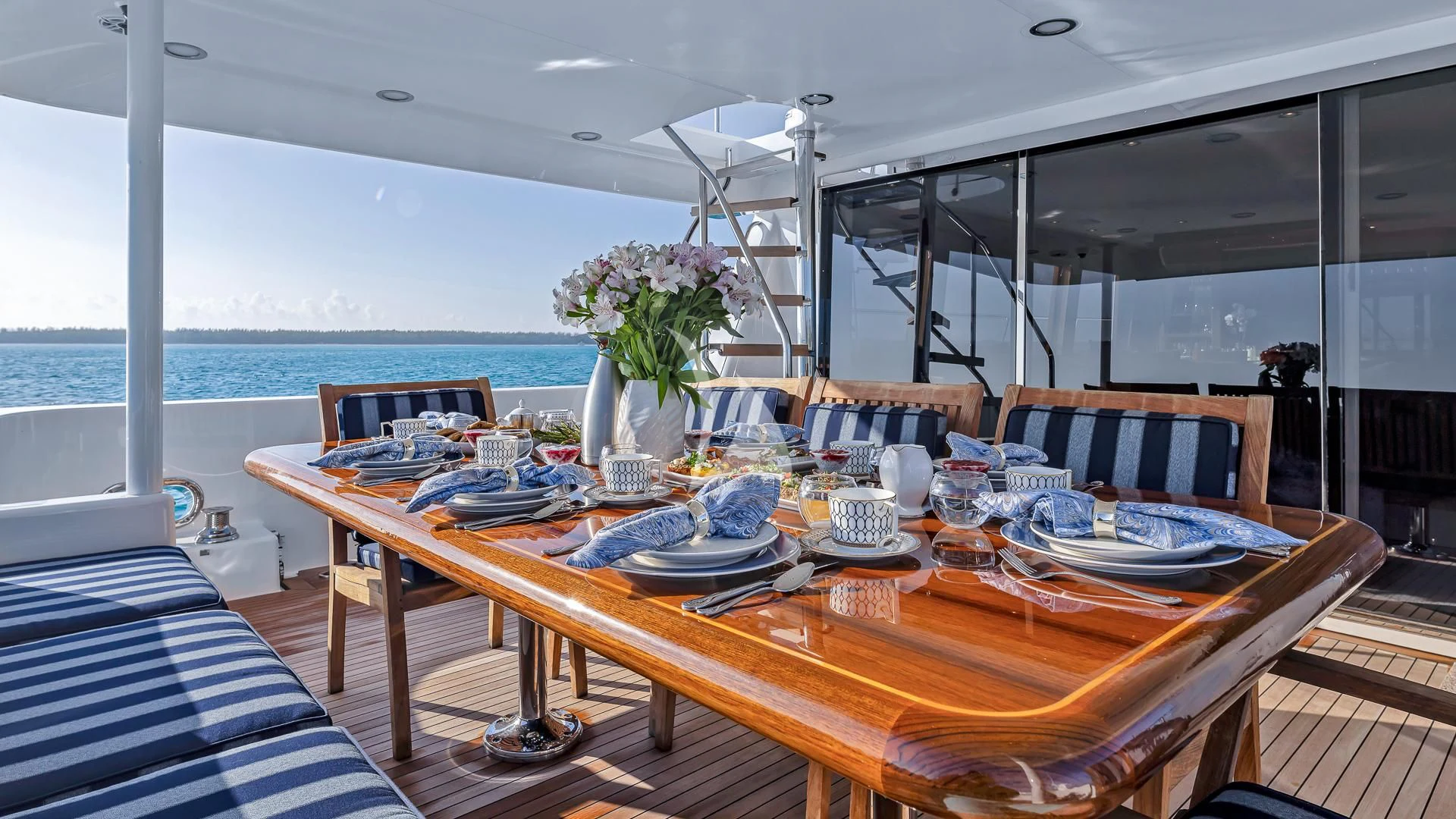 a table set for a meal aboard LADY B Yacht for Charter