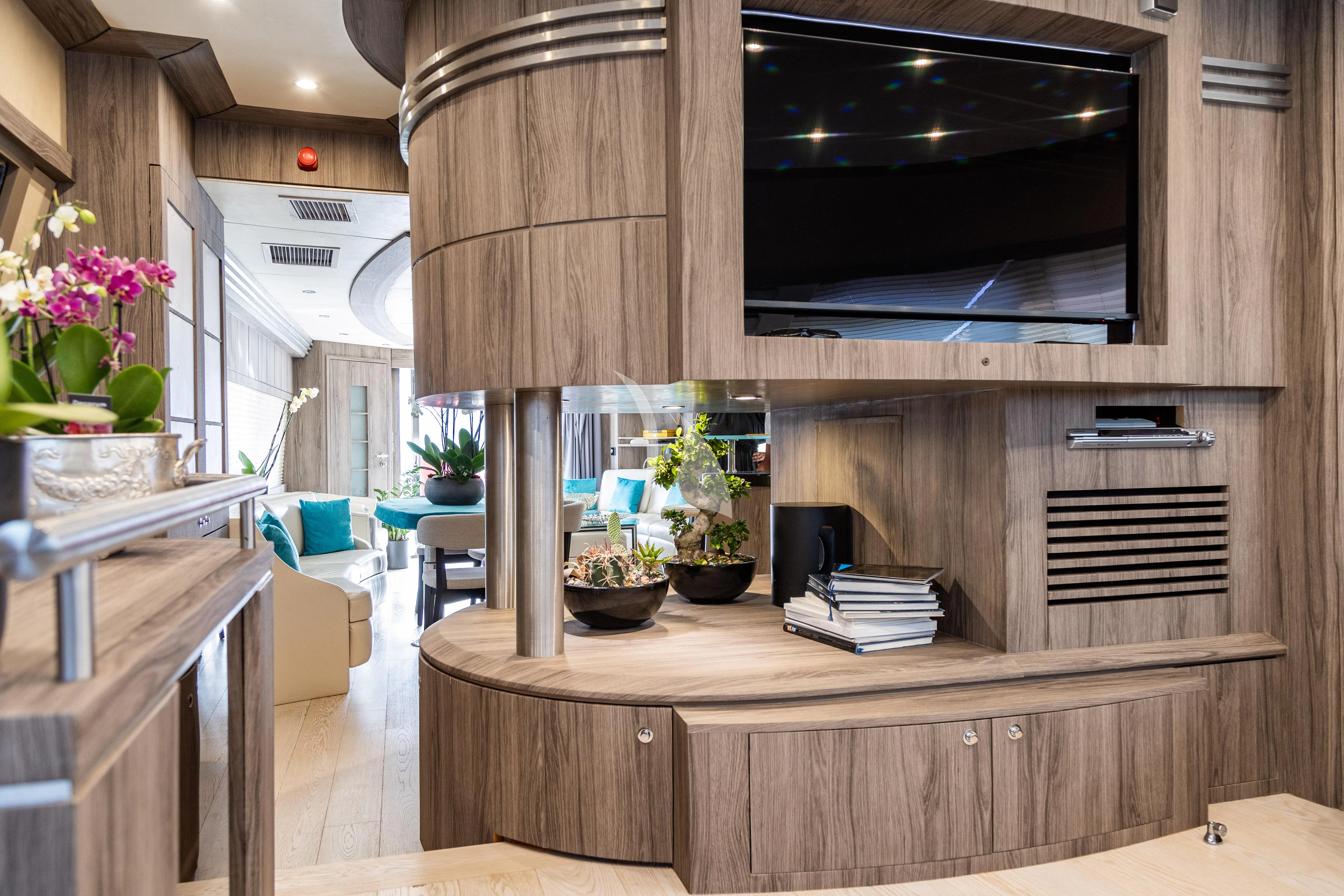 a kitchen with a large island aboard LADY B Yacht for Charter