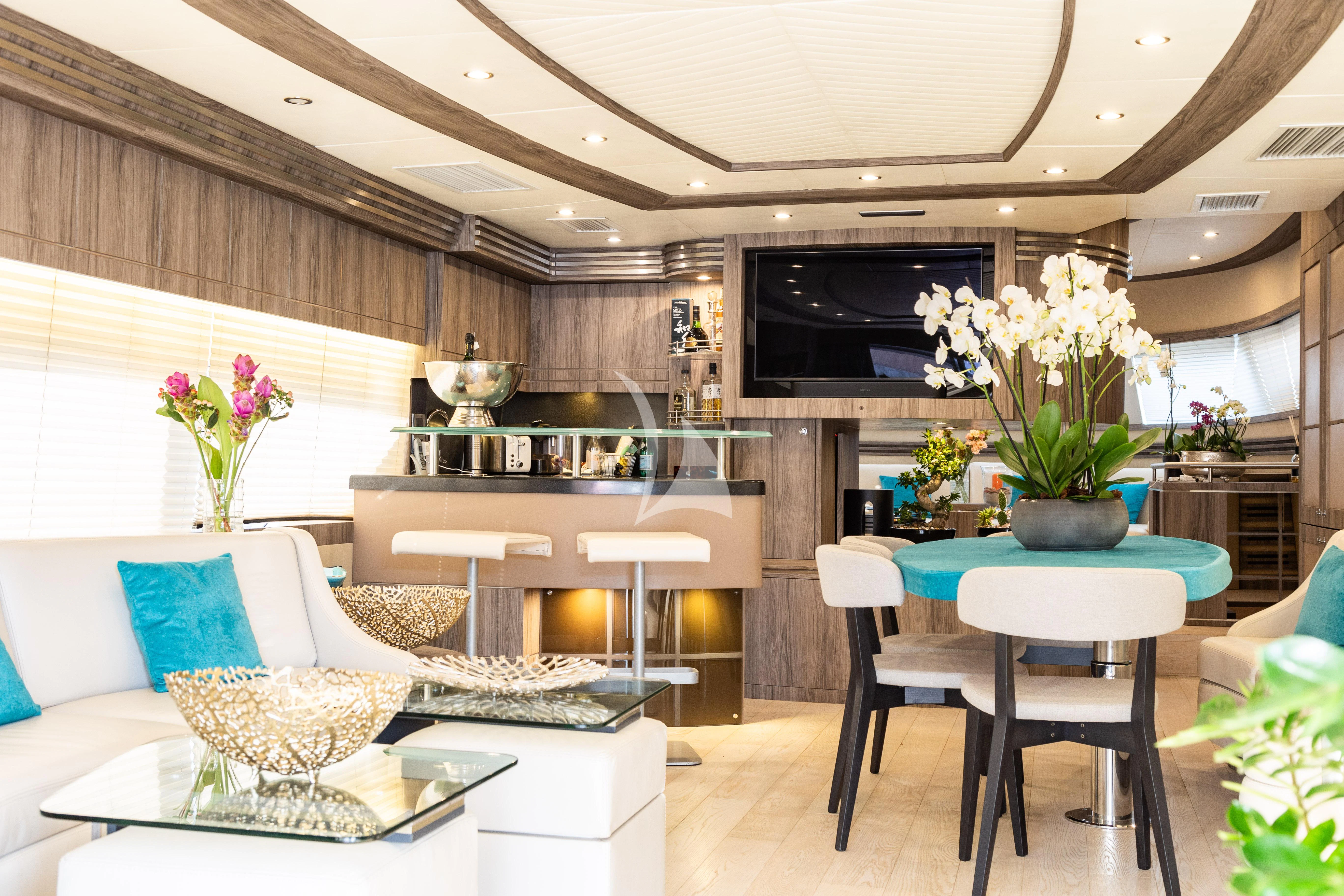 a modern looking kitchen with a large open roof aboard LADY B Yacht for Charter