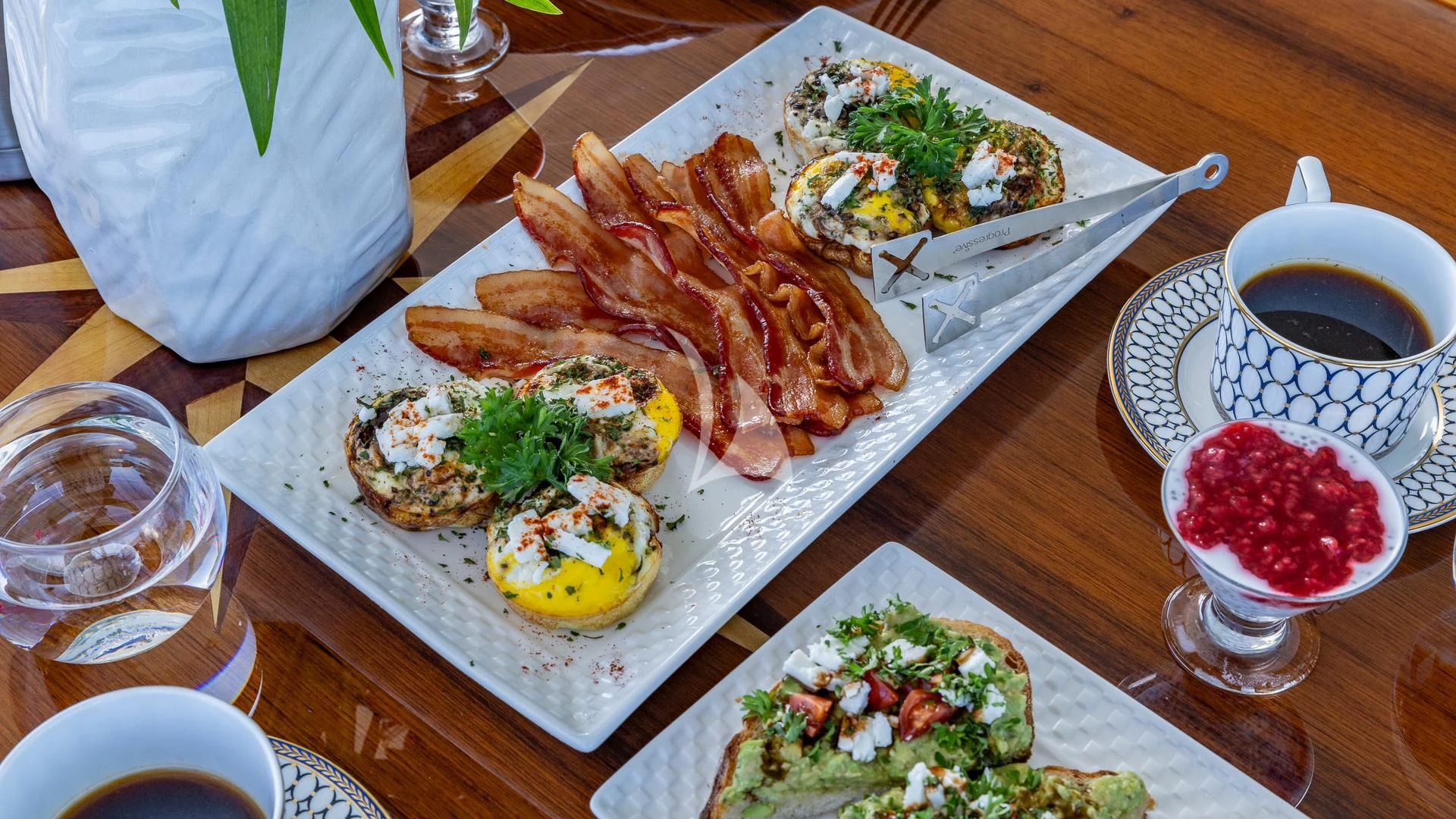 a table full of food aboard LADY B Yacht for Charter