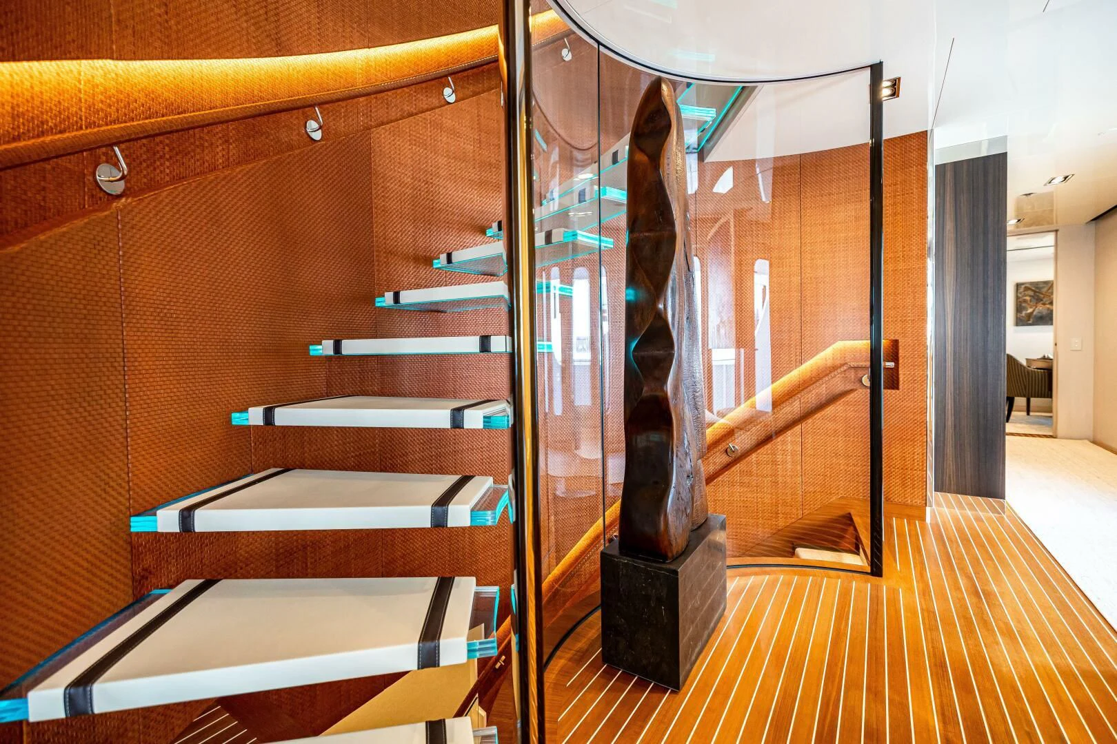 a display case in a room aboard CHASSEUR Yacht for Charter