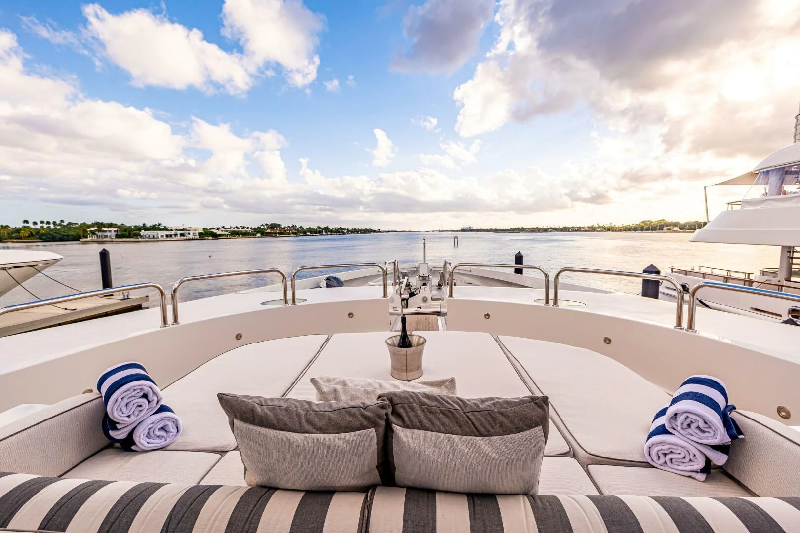a table with a towel on it and a towel on it aboard CHASSEUR Yacht for Charter