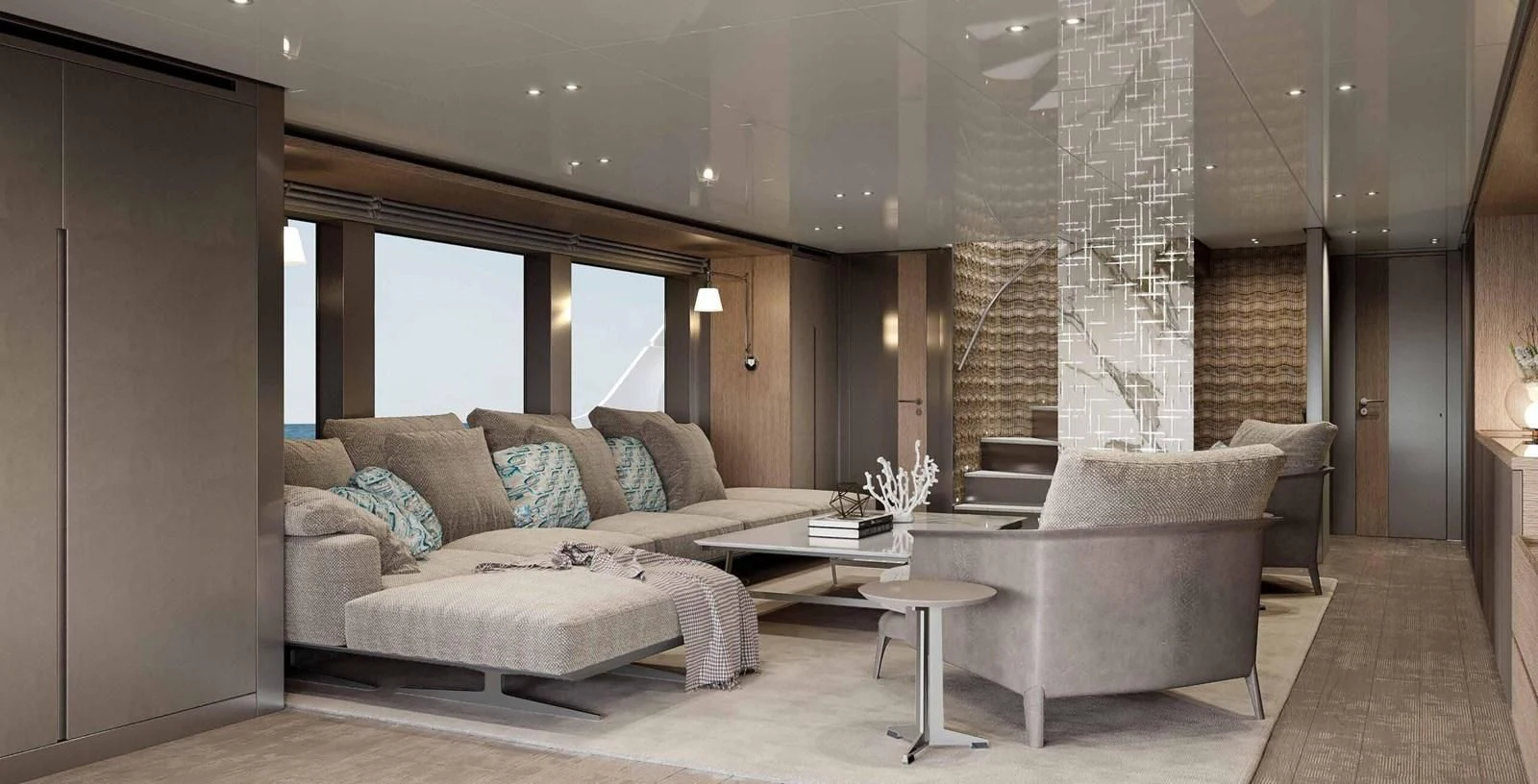 a living room with a couch and a table aboard JICJ Yacht for Sale