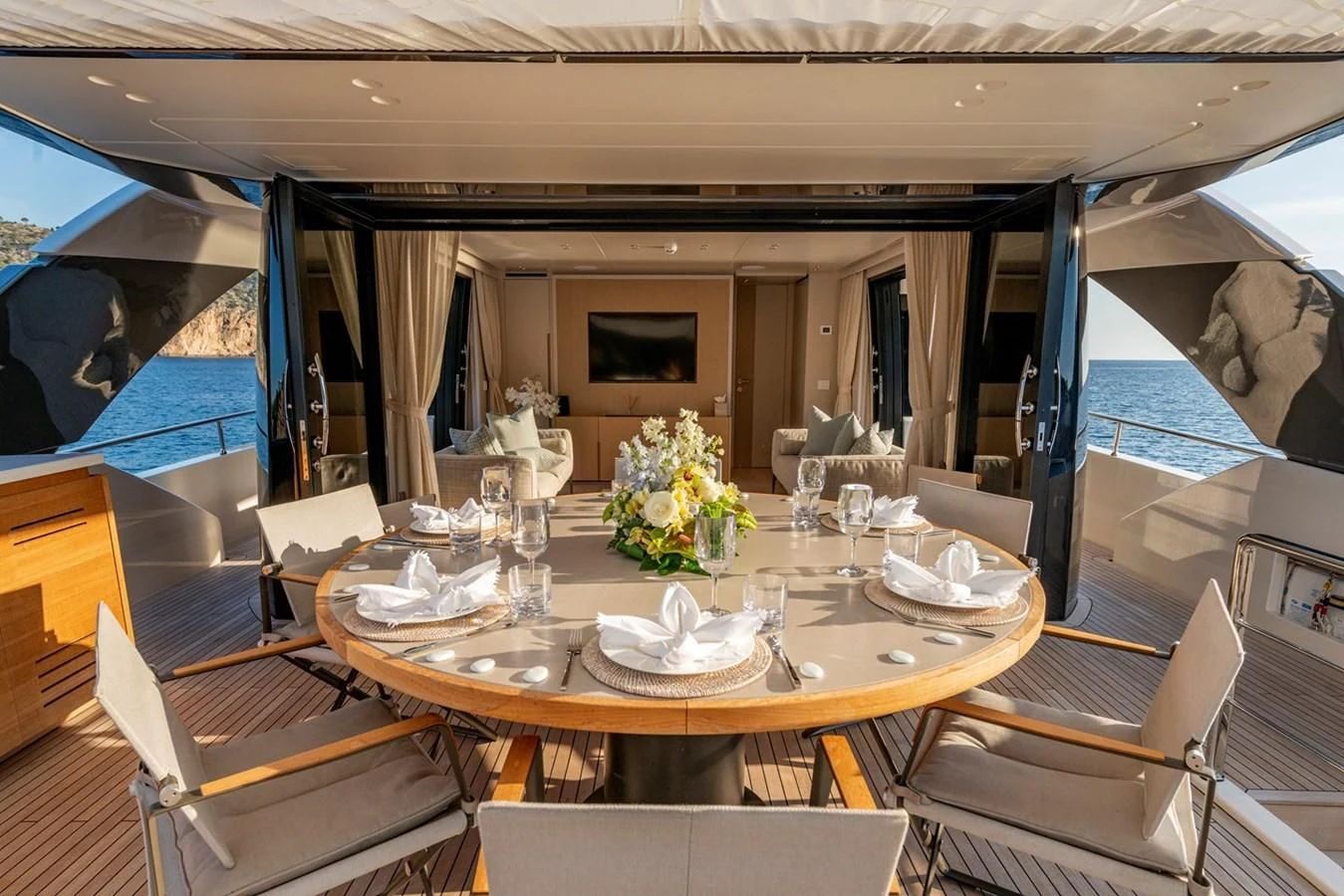 a dining table set for a party aboard JICJ Yacht for Sale