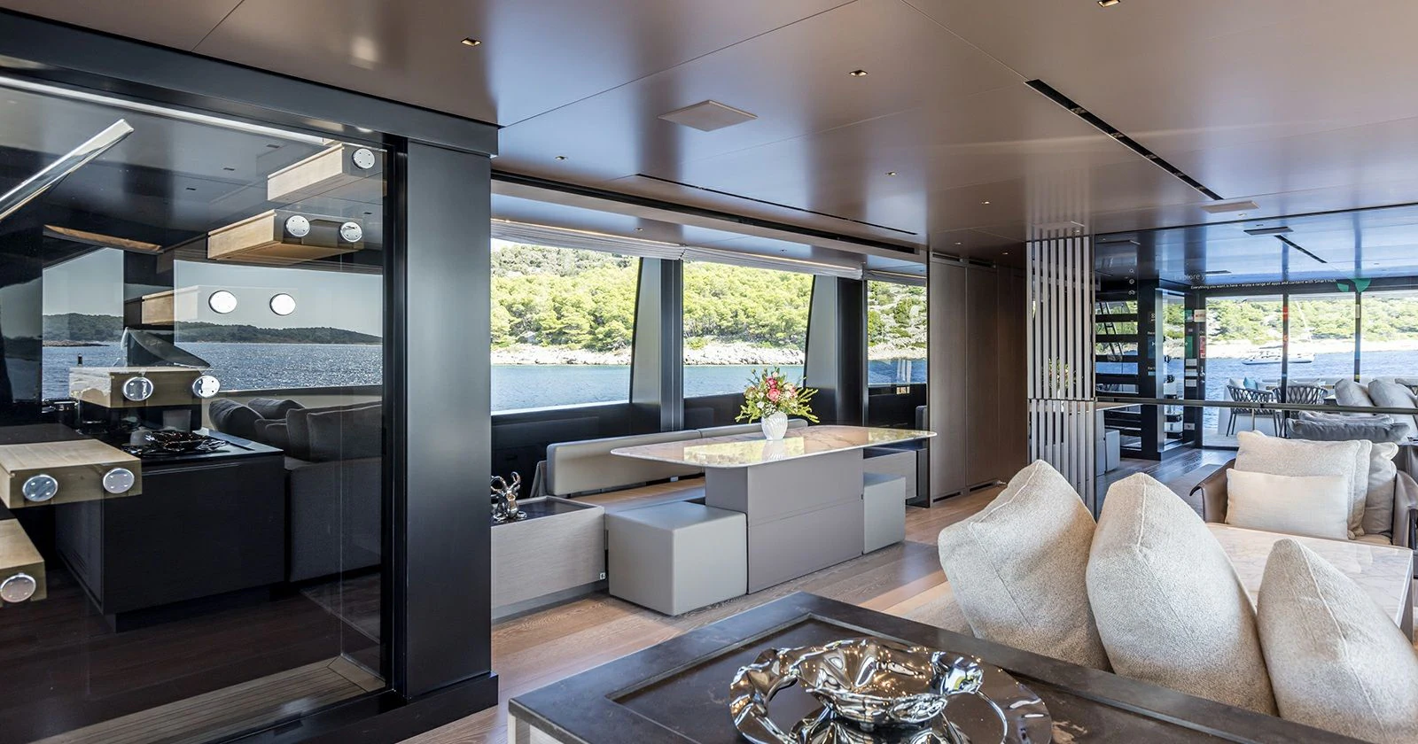 a modern looking living room aboard JICJ Yacht for Sale