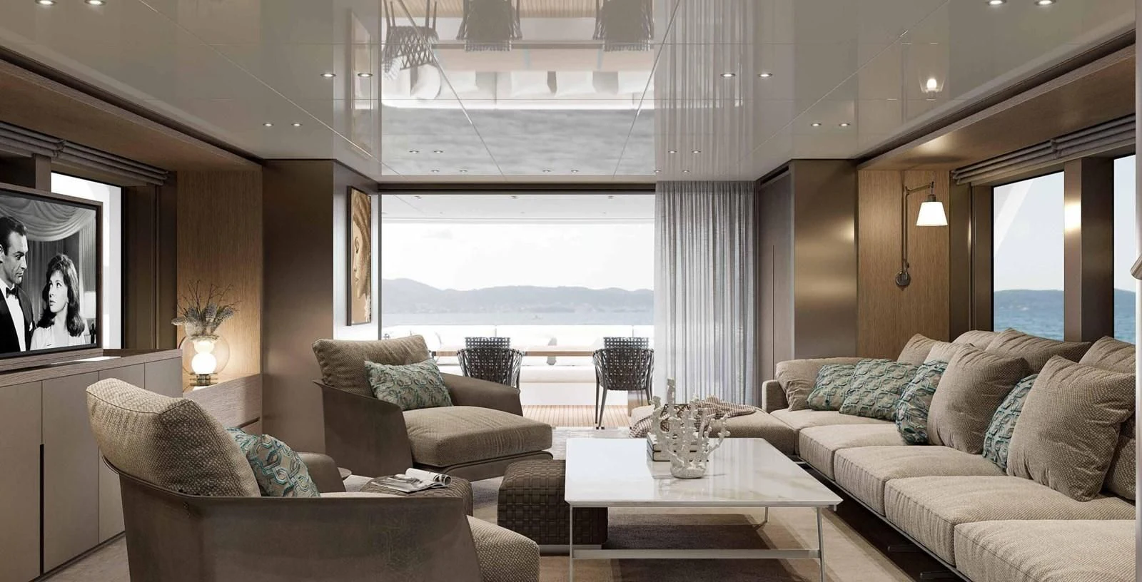 a living room with a large window aboard JICJ Yacht for Sale