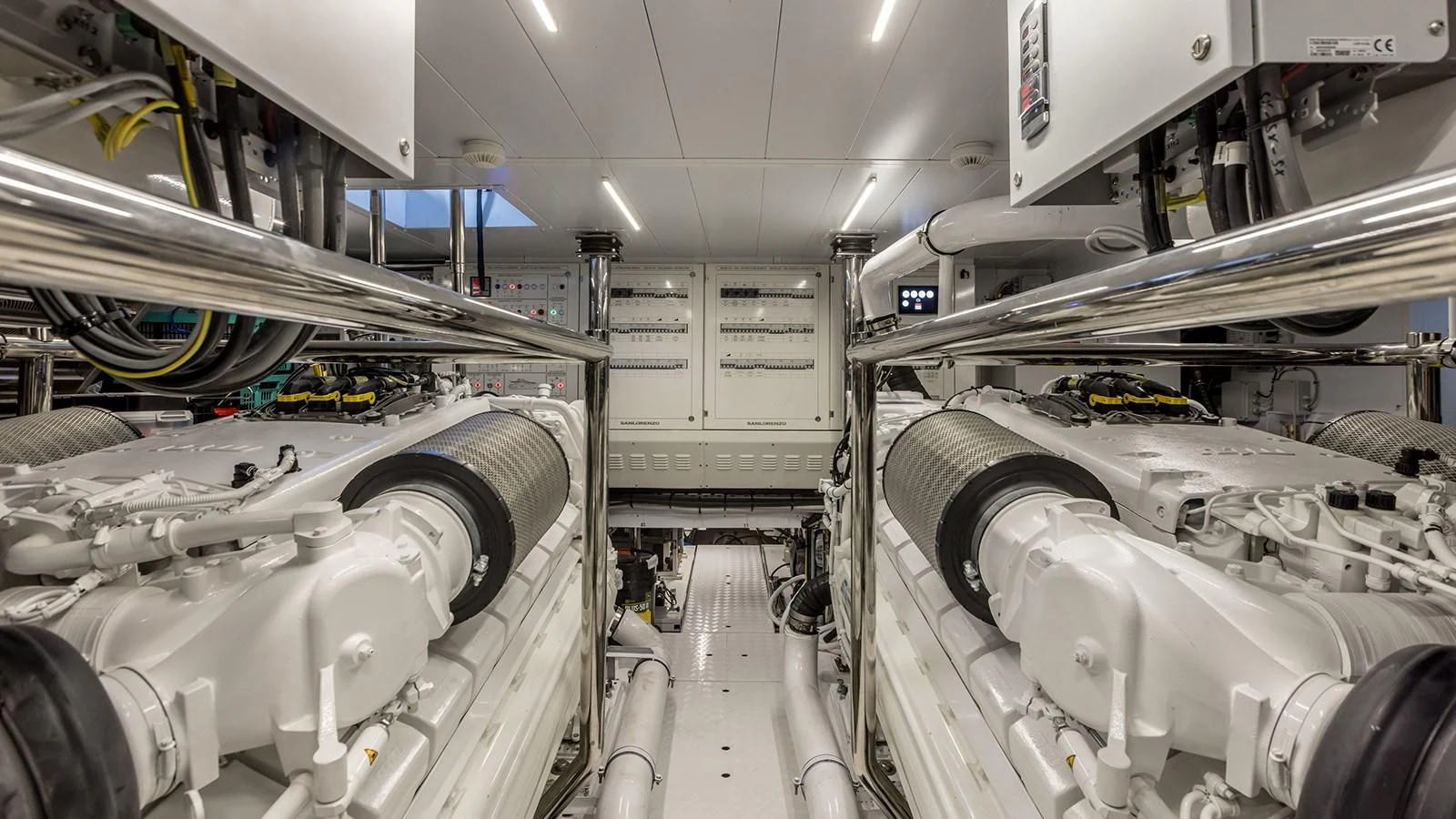 a room with white pipes aboard JICJ Yacht for Sale