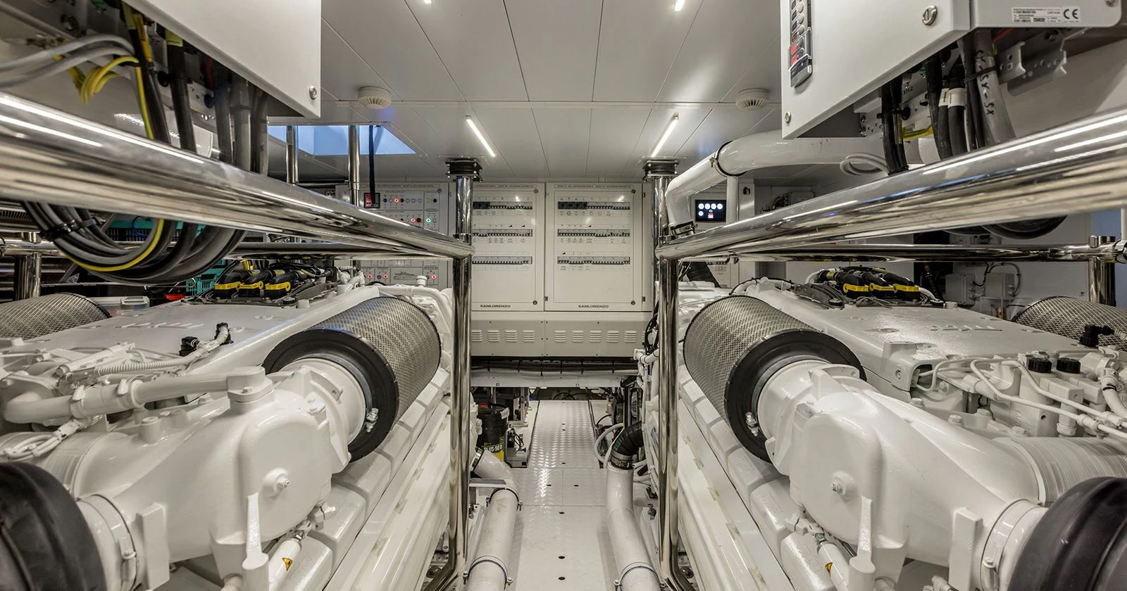 a room with white pipes aboard JICJ Yacht for Sale