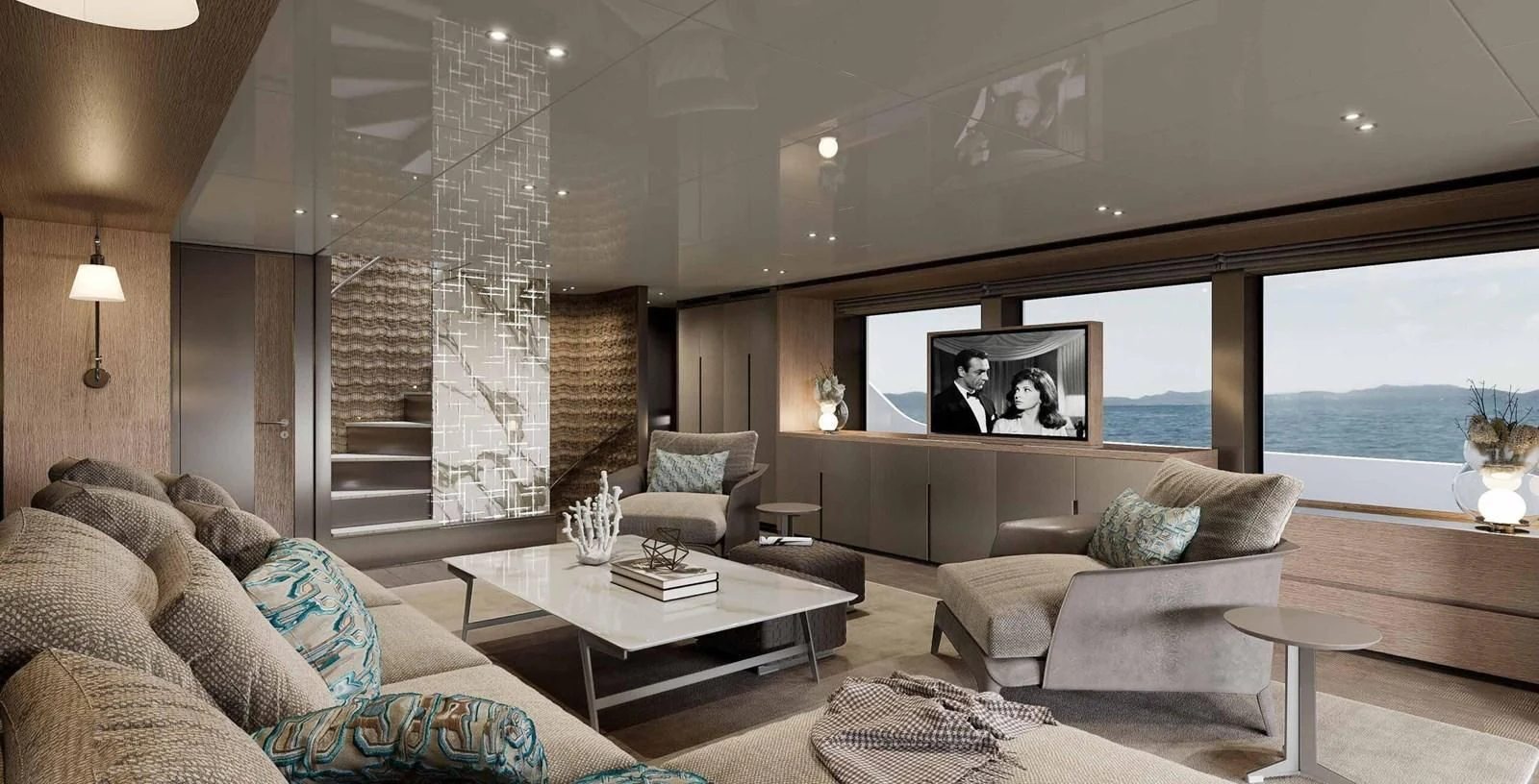 a living room with a fireplace aboard JICJ Yacht for Sale