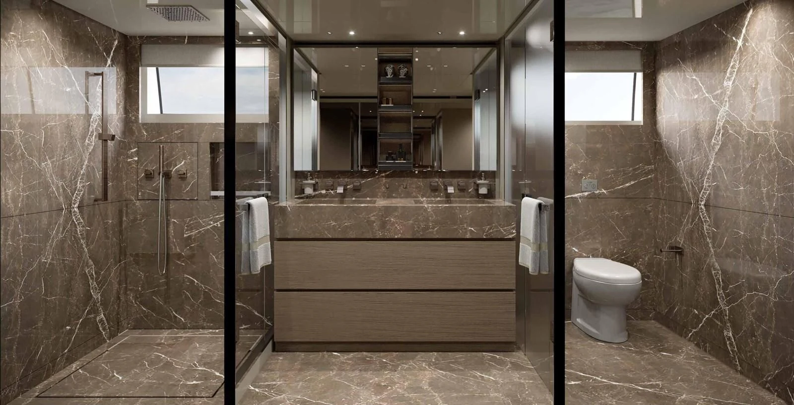 a bathroom with a glass shower aboard JICJ Yacht for Sale