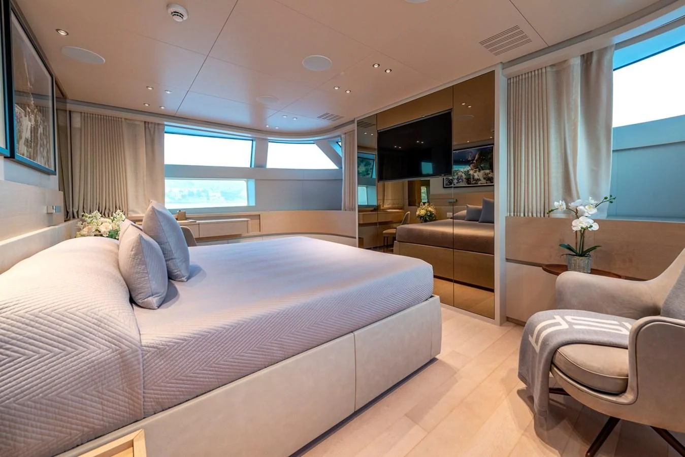 a bed in a room aboard JICJ Yacht for Sale